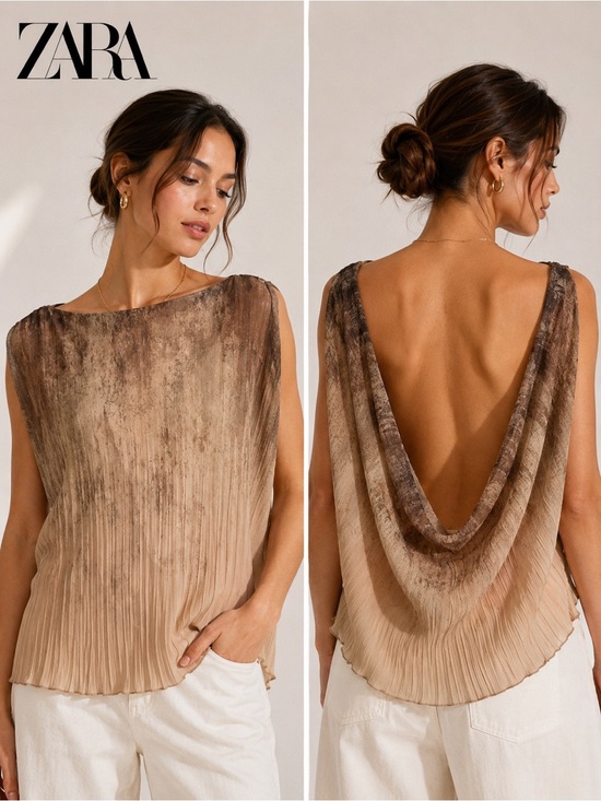 Zara Tops - ZARA NWT Ombre Pleated Drape Back Sleeveless Blouse Beige Brown Size M